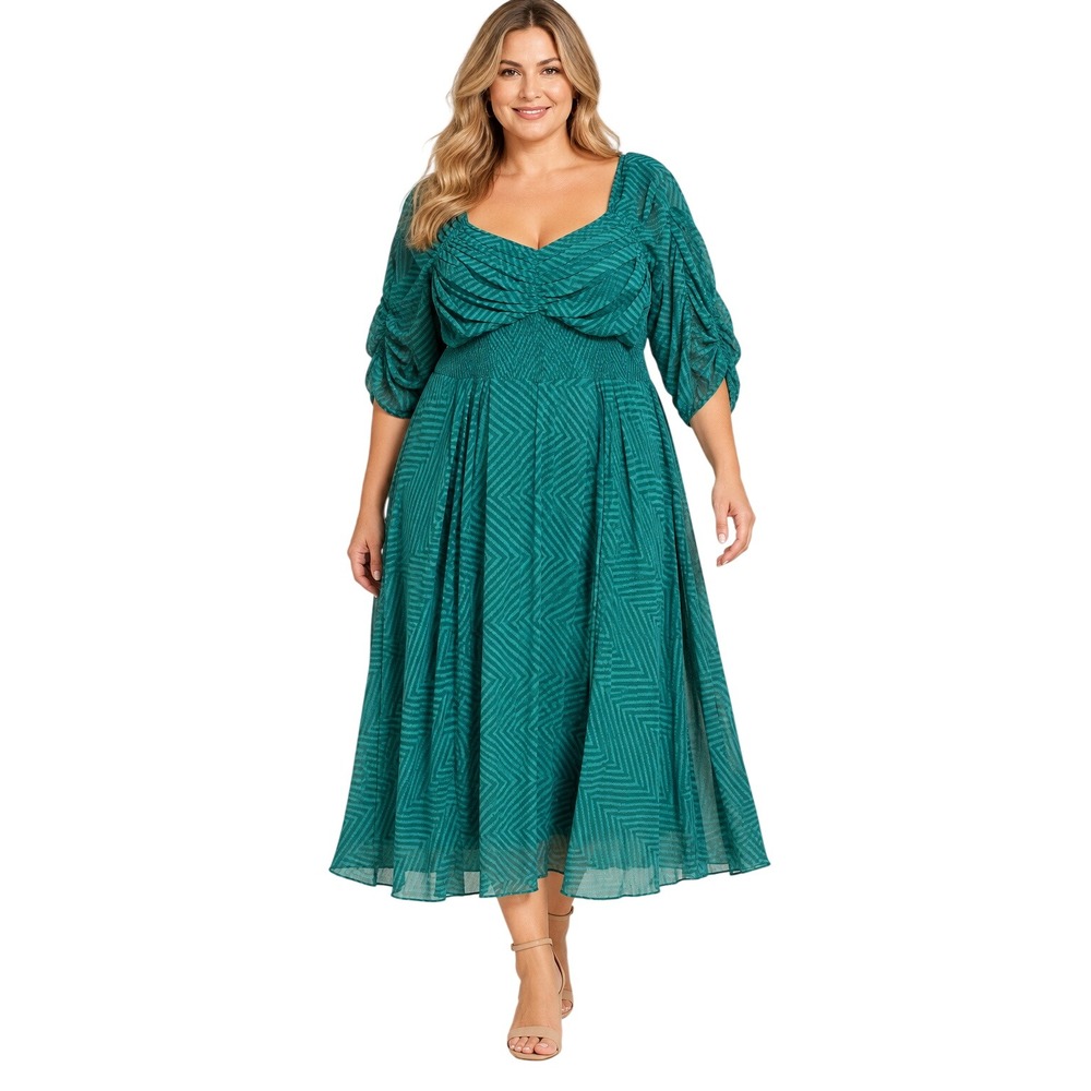 ASOS DESIGN Curve Midi Dress Womens 22 Green Excellent Ruched Chevron Smocked